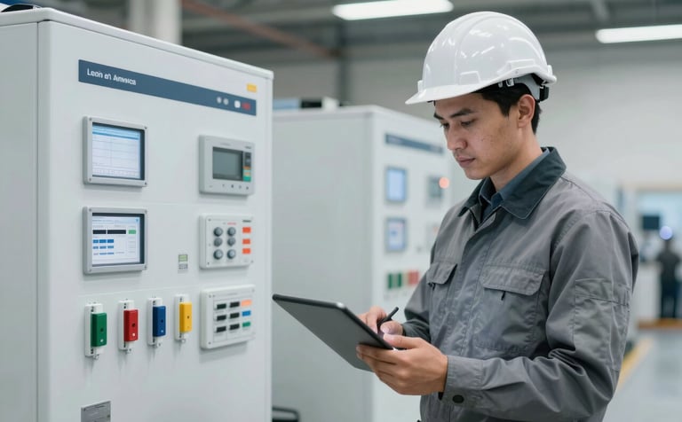 Clean, modern logistics center in Latin America with an engineer using a tablet, snow white and oxford gray tones, emphasizing systems and data-driven efficiency, professional high-contrast photography.