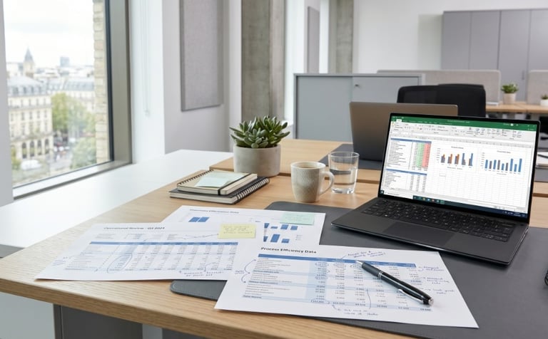 Documentos operativos sobre mesa de trabajo para diagnóstico empresarial