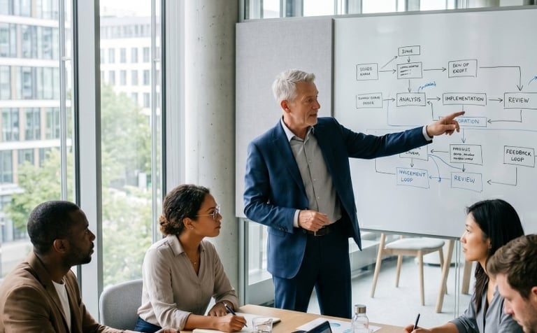 Profesional liderando sesión de trabajo sobre optimización de procesos operativos