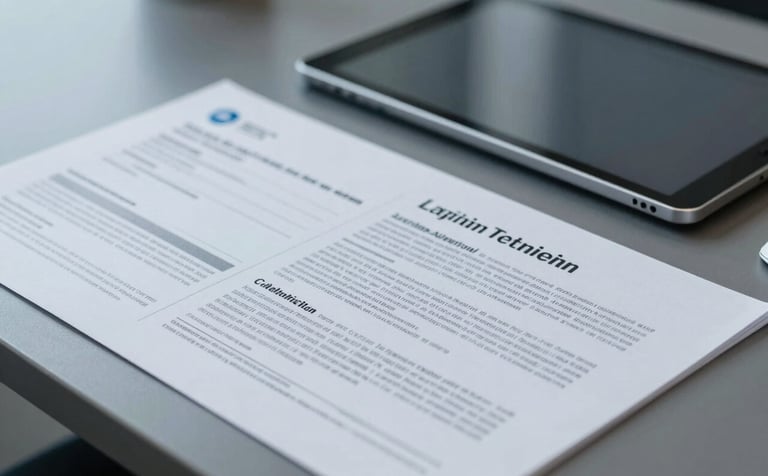 Close-up of a professional desk in a Latin American corporate office with high-end technical reports and a minimalist digital tablet, oxford gray and surgical blue lighting, authoritative and sharp focus photography.