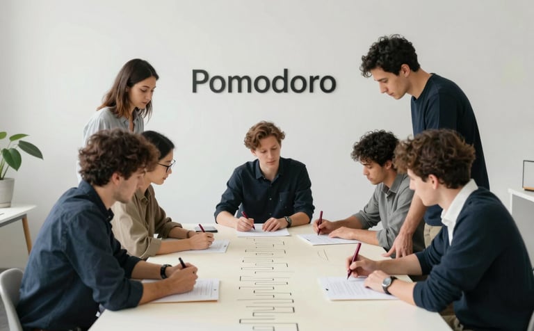 A behind-the-scenes shot of the Pomodoro agency team in a minimalist studio. They are gathered around a large table with Crisp Parchment (#F5F0E1) paper, planning a content strategy with deep crimson markers. Professional lighting, creative and focused atmosphere with Scandinavian furniture.