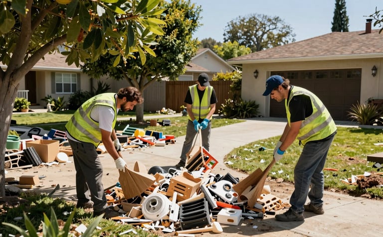 Clean-up site in San Jose, California, with organized debris being cleared by professionals. The scene shows efficiency and cleanliness in a bright residential backyard.