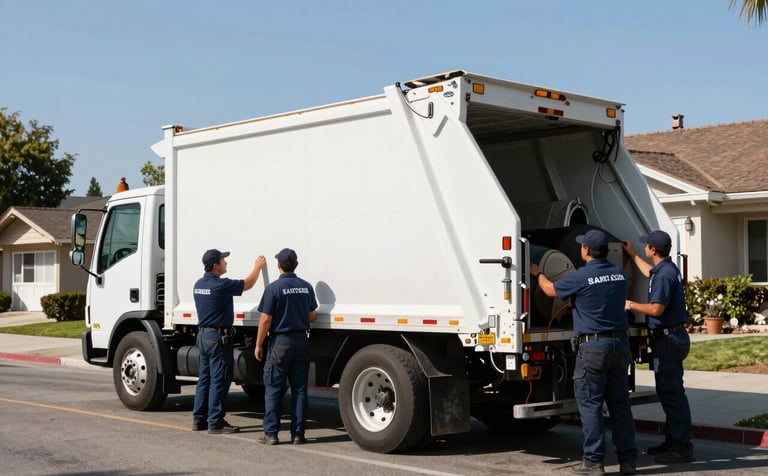 A professional hauling team in uniforms loading a large, clean white junk removal truck parked on a residential street in Santa Clara, California. Bright, clear daylight and a suburban backdrop.