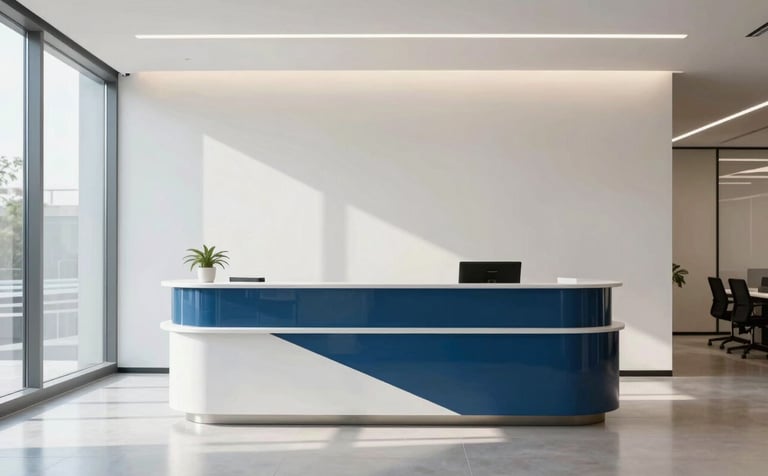 A bright, professional North American office interior with clean lines and natural light. A minimalist reception area with a sleek desk, reflecting a sense of modern efficiency and trustworthy business service. The color palette features soft off-white and deep blue tones.