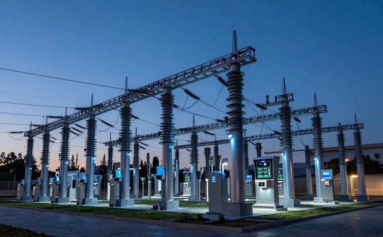 Cinematic photography of a modern urban electrical station integrated with smart city technology. Evening lighting with blue and dark blue highlights, demonstrating professional innovation. Spanish / Global architecture, crisp and futuristic style.