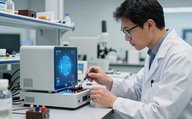 An advanced laboratory focusing on invention projects with a professional electrical engineer working on a prototype of a smart energy device. Clean, modern laboratory setting, light blue and off-white color palette, Spanish / Global context, bright and crisp lighting.