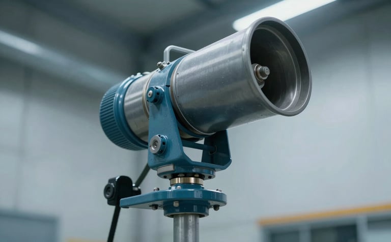A heavy-duty industrial foam monitor (foam cannon) mounted in a high-security facility. The image captures the robust engineering and reliability of the equipment, shot from a low angle to convey authority. Incorporates the professional tones of #1A2A3A and #476C8C.