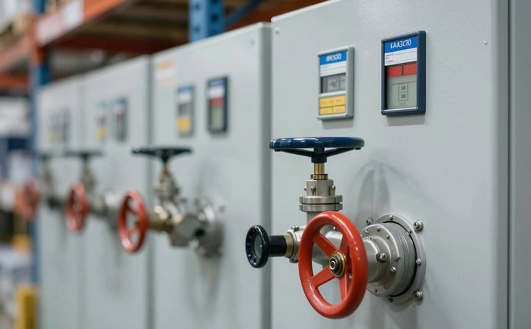 A close-up of a fire suppression system's control panel and foam valves in a modern warehouse. The image emphasizes technical precision and innovation, utilizing the professional brand colors #1A2A3A and #476C8C to instill confidence.