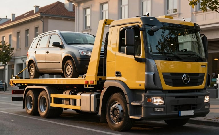 A modern tow truck operating in a European urban street setting, collecting a vehicle for transport to the scrapyard. The lighting is golden hour, and the atmosphere is clean and professional, representing an efficient and environmentally responsible service. Dark grey and golden yellow tones are visible in the truck's branding.