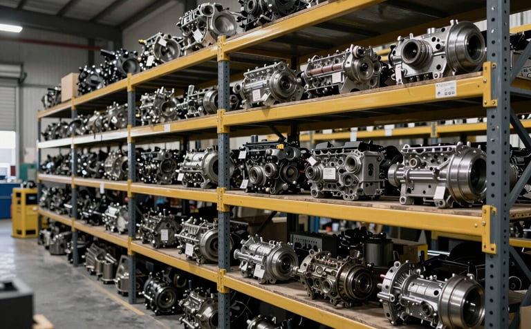 A well-organized industrial warehouse in Spain with high shelves containing cleaned and inspected car engines and transmissions. The lighting is bright and professional, highlighting the metallic surfaces of the parts. The scene incorporates dark grey and gold accents in the storage racks, conveying a modern and efficient recycling center.