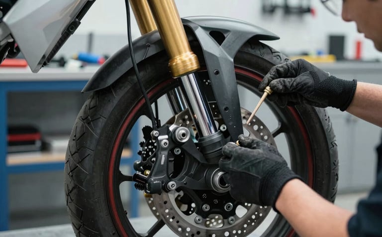 Close-up photography of a modern motorcycle's front suspension and brake assembly in a professional Spanish workshop. A technician's gloved hand is visible, inspecting the part for quality. The background shows a clean blue-grey workbench and tools, emphasizing reliability and professional care.
