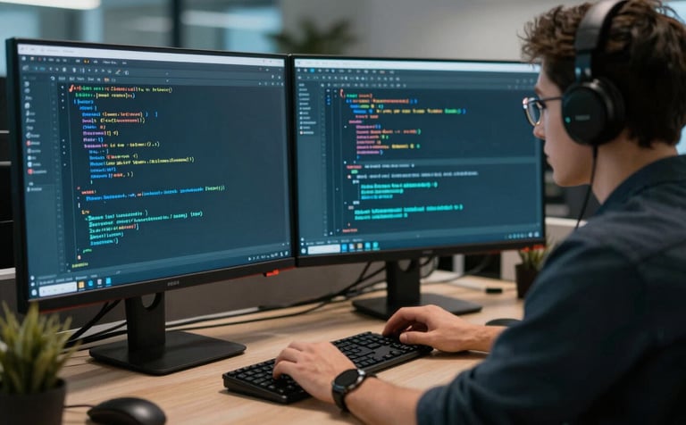 Photography of a professional workspace in a North American tech hub. A developer is focused on large dual-monitor displays showing clean lines of code. The atmosphere is reliable and high-performance. Colors include Dark Teal and Light Blue.