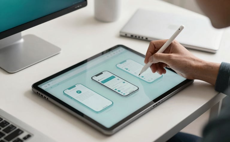 Photography of a modern, bright collaborative studio in a North American city. A hand uses a digital stylus on a high-resolution tablet to refine a sleek mobile app wireframe. Sophisticated natural lighting highlights textures of glass and metal. Colors include Medium Teal and Off-white.