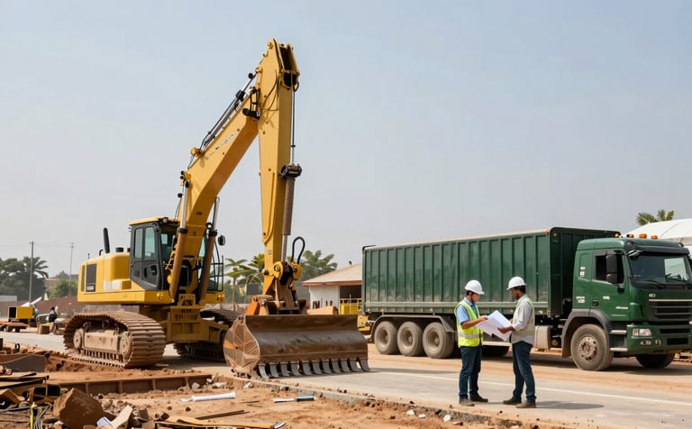 A wide professional shot of a civil engineering project in Guinea. Large yellow machinery working on road foundations, dark green logistics trucks, and skilled engineers reviewing blueprints on a sunny day.