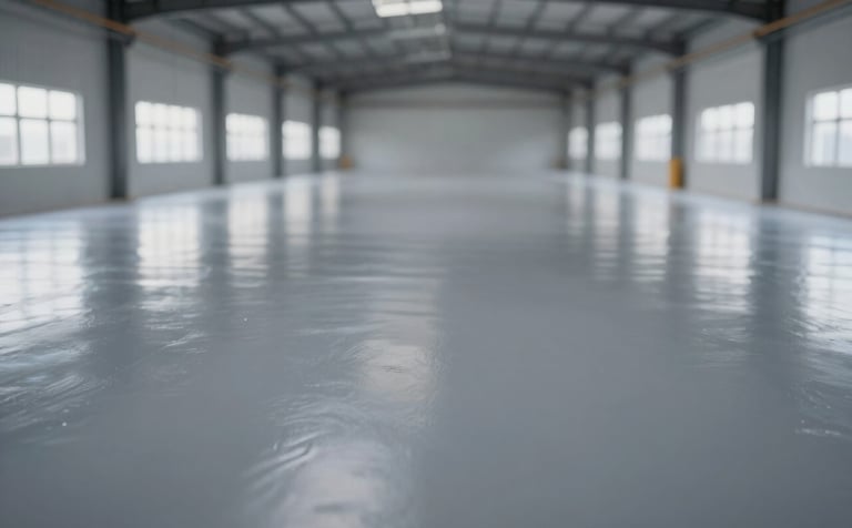 A clean, industrial warehouse setting showcasing a solid color epoxy floor in #6C7A89. The floor is perfectly smooth and uniform, reflecting the bright overhead industrial lighting. The composition is clean and orderly, emphasizing the professional and heavy-duty nature of the coating.