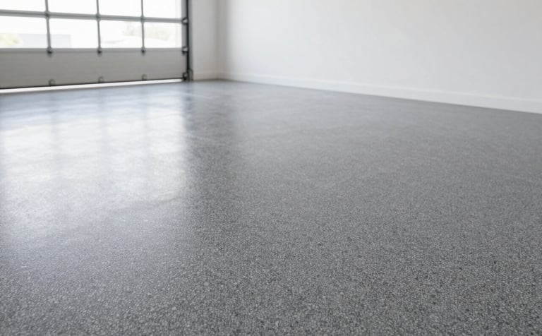 A professional wide-angle shot of a clean modern garage with a high-gloss flake epoxy floor. The floor features a blend of #2B2F33, #6C7A89, and #BCC3C8 chips. The lighting is bright and natural, emphasizing the texture and durability of the finish. The walls are clean and white, giving a professional aesthetic.