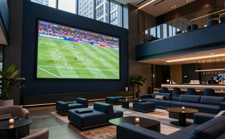 Professional photography of a high-end sports lounge in a modern Southeast Asian city building. A large screen in the background displays a live football match. The environment is sophisticated with dark navy and medium blue accents in the decor and ambient lighting.