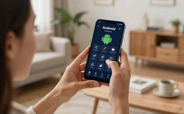 An over-the-shoulder shot of a person in a bright North American / US living room happily engaging with a sophisticated deep navy themed app on their Android phone. The composition is warm and inviting.