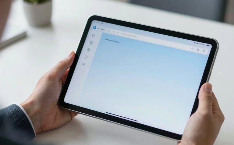 A close-up photograph of a professional in a modern North American / US office using an Android tablet. The screen displays a clean user interface with soft sky blue and muted steel blue elements. The lighting is bright and natural, emphasizing a productive atmosphere.