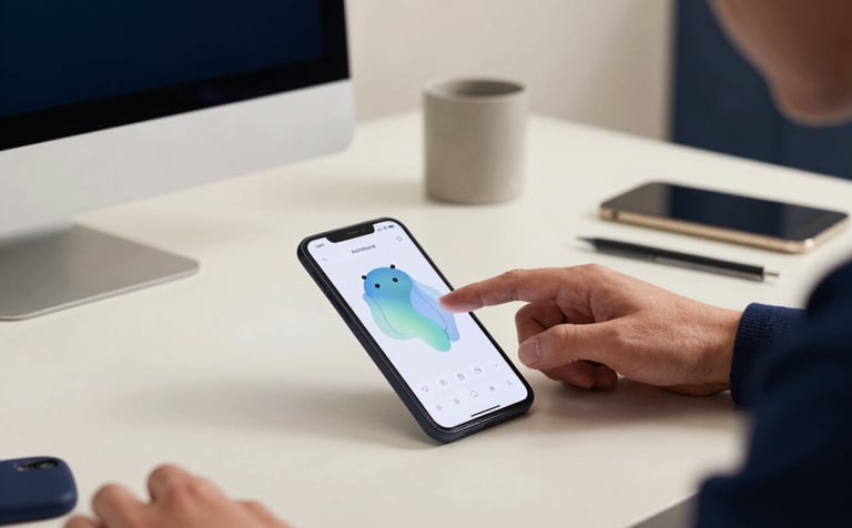 A creative designer in a stylish North American / US studio workspace, interacting with a fluid mobile prototype on an Android device. The environment features soft off-white walls and deep navy accents, reflecting a modern tech aesthetic.