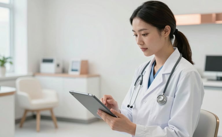 A clean, bright North American medical clinic interior where a professional clinician is using a slim tablet to review patient data. The background is a soft white with modern furniture and subtle copper-toned accents, conveying sophisticated innovation and a sterile, efficient atmosphere.