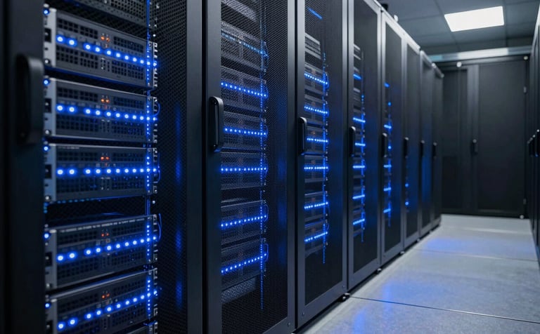 A close-up photography of a modern server room in a North American tech hub. The glowing blue lights of server racks reflect off polished charcoal-colored floors. The image captures the essence of data security and high-tech infrastructure with a sophisticated, professional vibe.