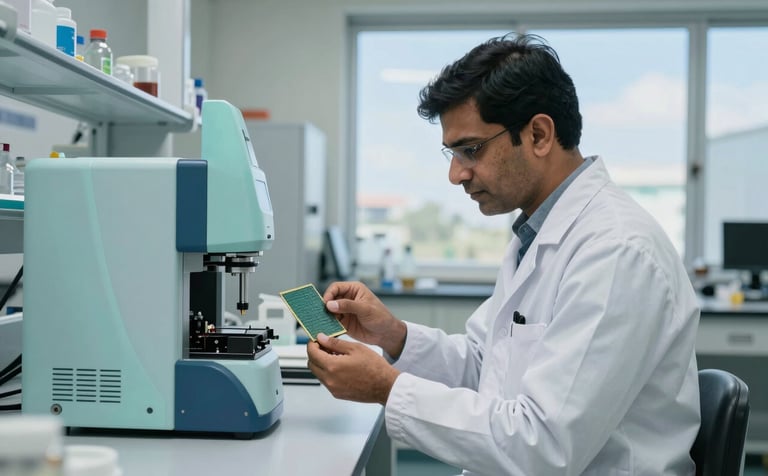 A clean, bright laboratory in India where a professional in modern white technical attire examines a silicon wafer. The room is filled with precision instrumentation and has a high-tech atmosphere with accents of pale aqua mist and muted steel blue. Natural light pours in from a large window showing a clear sky.