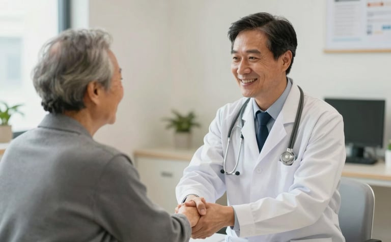 A heartwarming, professional scene of a community health center. An experienced doctor in a white coat is shaking hands with an elderly patient. The room is clean, bright, and welcoming with neutral tones #F2F4F3 and #595959. Composition is a medium shot, focusing on the connection and trust.