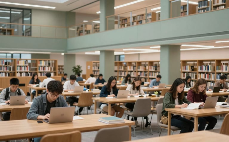 A high-quality interior shot of a renovated public library. A diverse group of students is focused on books and laptops. The architecture is modern with wood accents and sage green #A3B18A details. Lighting is bright and scholarly. Professional architectural photography style.