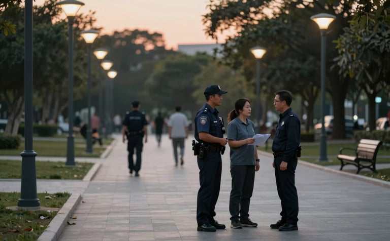 Professional photograph of a clean, safe public park at sunset with modern lamp posts emitting warm light. In the background, a uniformed officer talks respectfully to a citizen. Color palette highlights deep charcoals #262626 and soft off-whites #F2F4F3. Style is realistic, high-contrast, conveying security and order.