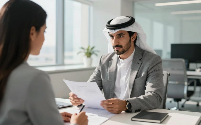 A professional consultant in a modern, sun-lit office in a Middle Eastern / Gulf city, assisting a client with paperwork. The atmosphere is professional and supportive, with a clean and intuitive interior design featuring soft white and light blue accents.