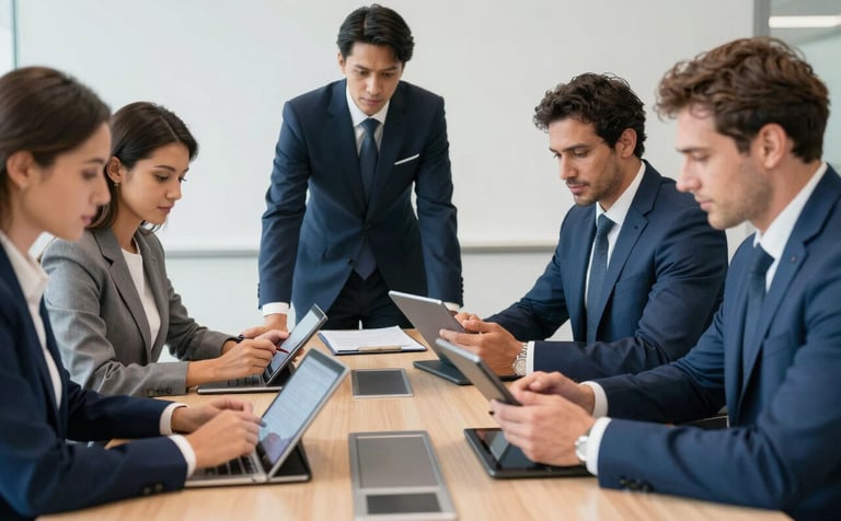 A group of professional business people in a modern boardroom in the Gulf, collaborating over digital tablets. The scene is bright and efficient, using a color palette of medium blue and professional dark blue, conveying reliability.