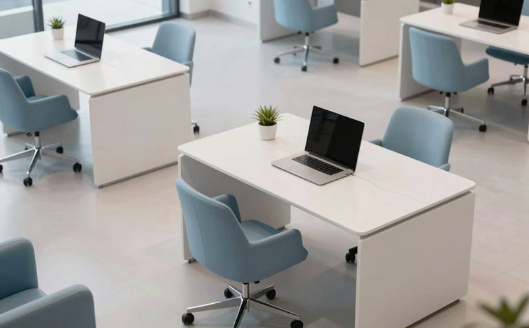 A high-angle photograph of a modern, minimalist workspace in a Gulf business district. Features sleek technology, clean architectural lines, and soft white and light blue furniture, emphasizing a modern and reliable business environment.
