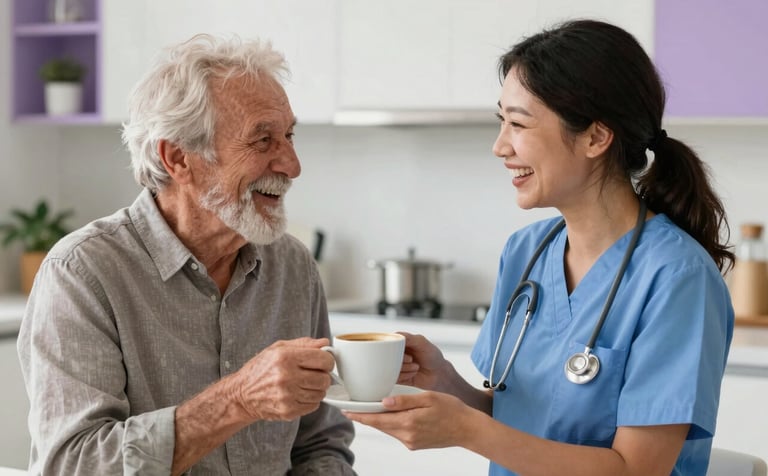 A friendly caregiver and an older adult sharing a cup of coffee and laughing in a bright, modern North American kitchen. The scene is full of joy and companionship. The background is soft and out of focus with light purple accents, emphasizing the warm connection between the two.