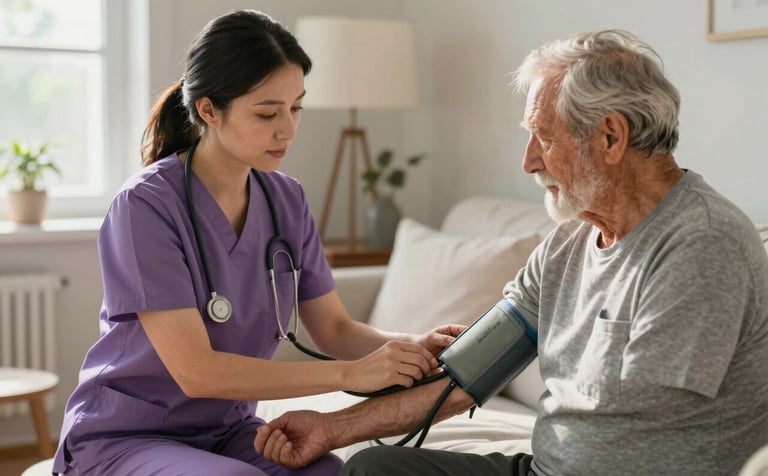 A professional nurse in muted purple scrubs performing a health check for a senior in a comfortable North American home. The nurse is checking the senior's blood pressure with a gentle touch. The composition is calm and professional, with soft morning light streaming through a window.