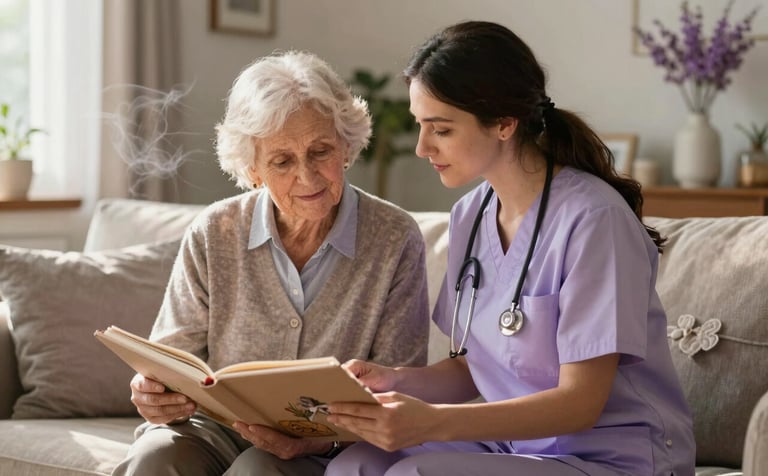 A compassionate caregiver in a soft lilac shirt sitting next to an elderly adult in a cozy, sunlit North American living room. They are looking at a scrapbook together, exuding a sense of peace and familiarity. The lighting is warm and natural, highlighting soft lavender mist accents in the home decor.