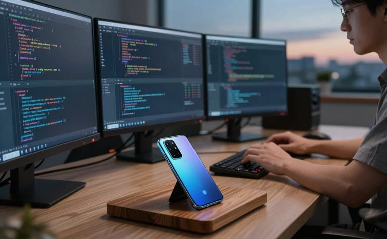 A high-tech North American workspace at dusk. A developer is coding on multiple screens which cast a gentle dark blue glow. A high-end Android smartphone rests on a wooden dock nearby. The setting is efficient and modern, emphasizing reliable technology and focus.