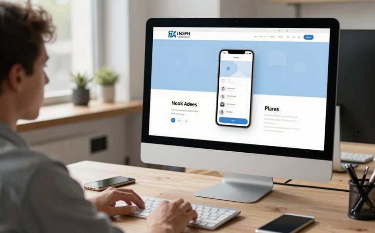 A clean, modern North American design studio with a professional focused on a large desktop monitor. The screen displays a minimalist mobile application interface with soft blue and white tones. Natural daylight illuminates the desk, highlighting a tidy workspace with a smartphone and a tablet. Professional and innovative atmosphere.