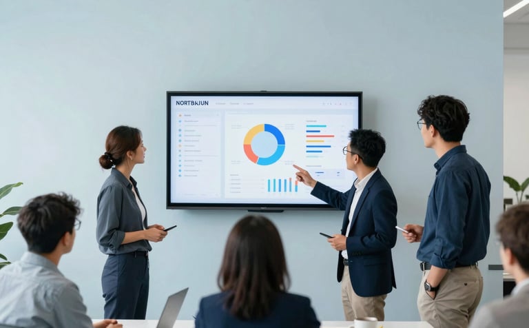 A collaborative North American office space where a team discusses app metrics on a wall-mounted display. The environment is minimalist and bright with a palette of light blue and navy. Sharp, clean photography capturing a professional strategy session. Bright daylight, crisp details.