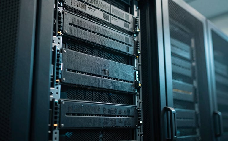 A professional setting showing a modern server room with soft steel teal lighting. The focus is on the sleek textures of the hardware, representing security and reliable high-performance maintenance services.