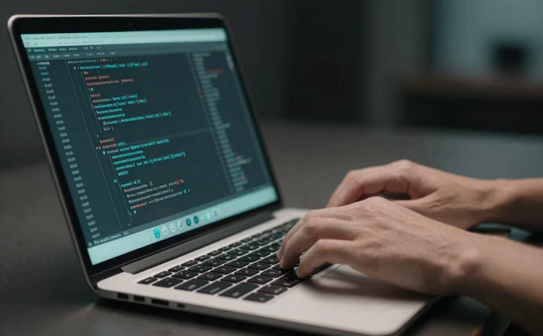 A close-up shot of a developer's hands working on a modern laptop in a sleek, dimly lit studio. The screen reflects lines of clean code in muted aqua tones. The composition is focused and cinematic, emphasizing reliability and technical expertise.