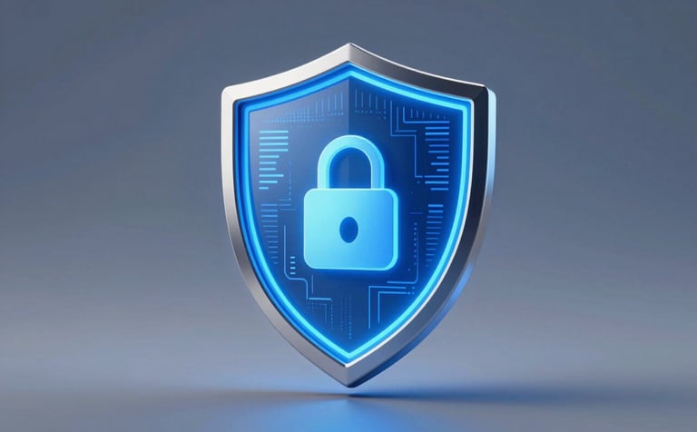 A futuristic digital shield icon glowing with blue light, representing cybersecurity and data protection. Professional and sleek design with metallic textures, incorporating a color palette of #0D1C3B and #3A5A7F. Soft studio lighting on a clean tech background.