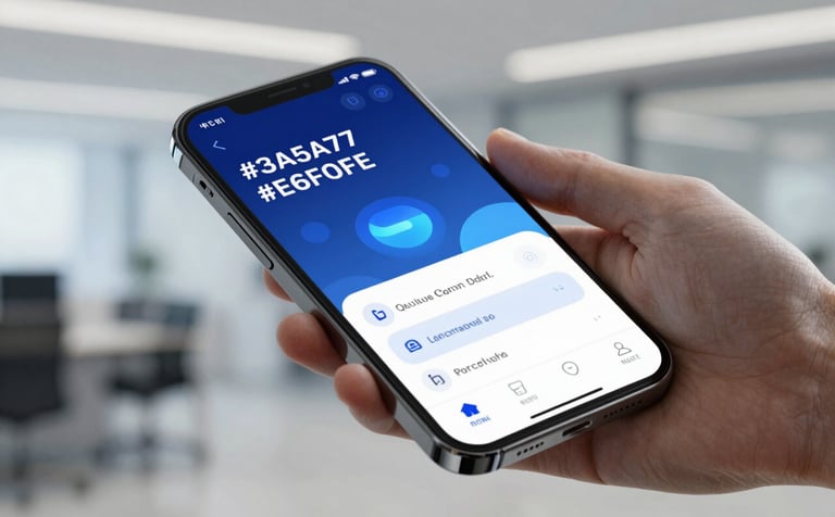 A close-up of a modern smartphone displaying a sleek, user-friendly interface with glowing blue elements. The background is a sophisticated office setting with soft bokeh. Colors emphasize #3A5A7F and #E6F0F8, conveying a high-tech and accessible digital experience.