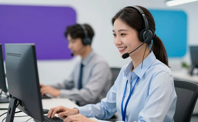 A professional customer service representative wearing a headset, smiling confidently in a modern tech-integrated office environment. The lighting is bright and clean. Accents of #3A5A7F and #7B9EC7 are used in the background graphics to signify reliable support.