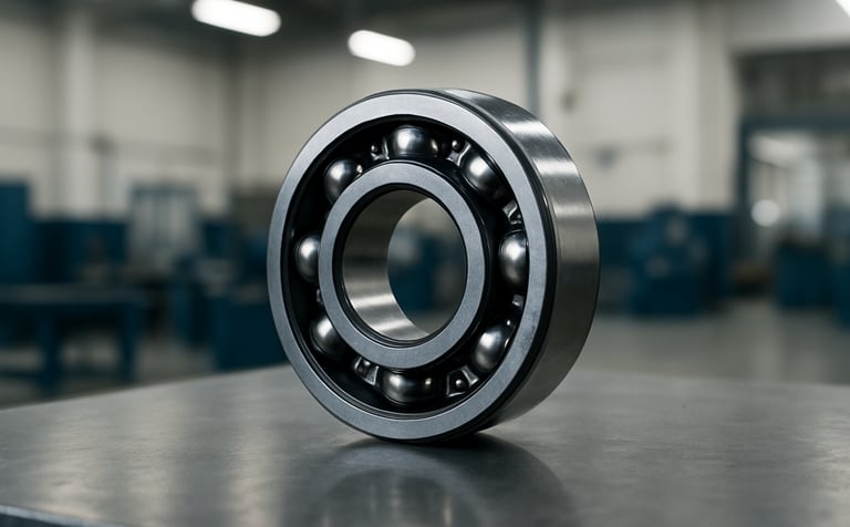 A close-up photograph of a high-precision 6201 chrome steel ball bearing resting on a clean, industrial workbench in a modern South Asian factory. The lighting is bright and professional, highlighting the metallic sheen and precise engineering. The background shows a soft-focus view of a tidy Indian industrial facility with off-white walls and dark blue accents.