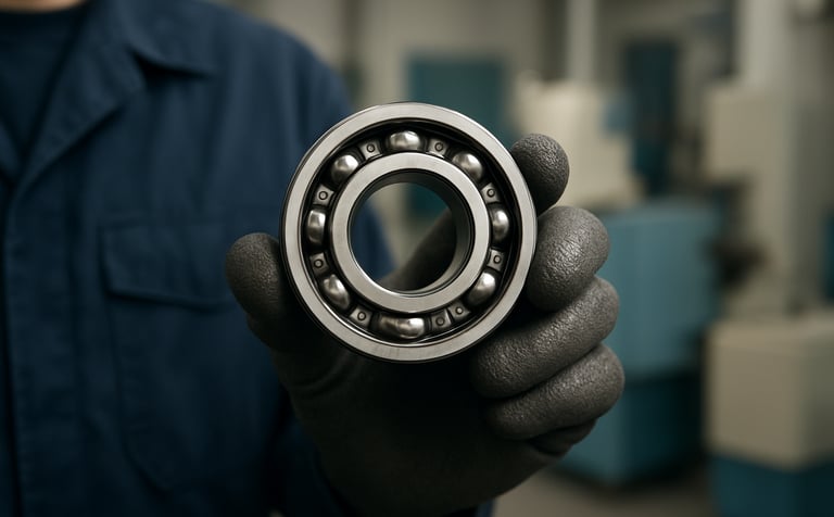 Photography of a Model 6202 ball bearing held by a technician in a South Asian industrial setting. The composition focuses on the precision of the bearing seals. The setting is a professional, clean B2B environment with light blue and off-white equipment visible in the background.