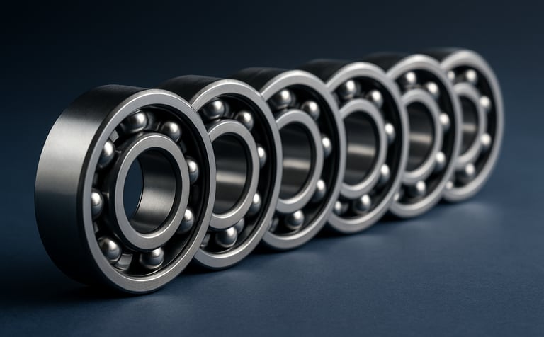 Professional photography of several 6203 ball bearings arranged in a precise row on a dark blue surface. The lighting is crisp, emphasizing the high-grade steel. The style is modern B2B photography suitable for an industrial catalog in India.