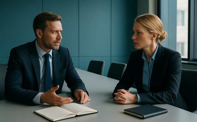 A sophisticated boardroom setting in a Northern European university. Two professionals in tailored attire are engaged in a strategic discussion over a clean, light grey table. The composition is professional and trustworthy, with high-quality lighting and a teal and light grey color scheme.