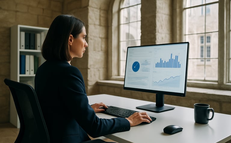 A bright, modern academic office within a historic Northern European stone building. A professional in smart business attire is reviewing data on a slim monitor. The scene is filled with soft, natural daylight, reflecting an atmosphere of academic rigor and innovative thinking. Palette includes off white and dark blue accents.