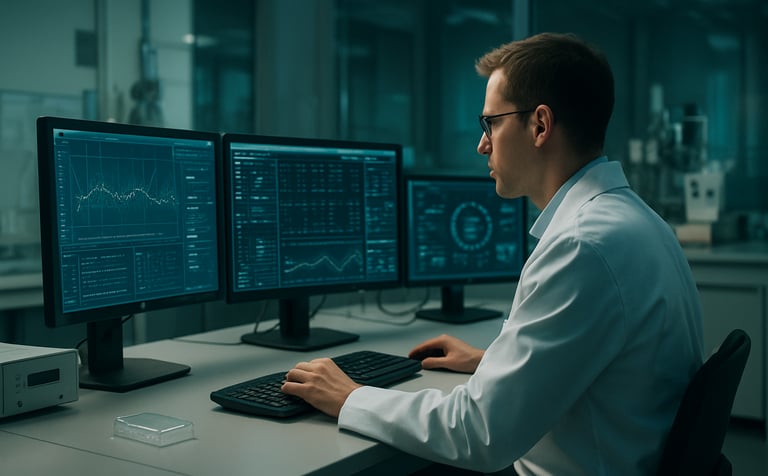 A high-tech lab setting with a clean, clinical aesthetic in a Northern European university. A researcher is focused on multiple sleek monitors displaying complex data. The lighting is sophisticated with subtle teal hues and soft shadows, emphasizing technical precision and academic responsibility.